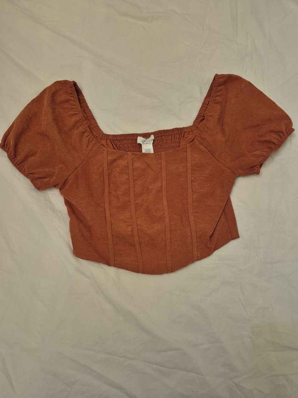 Square-Neck Rust Cropped Puff-Sleeve Top